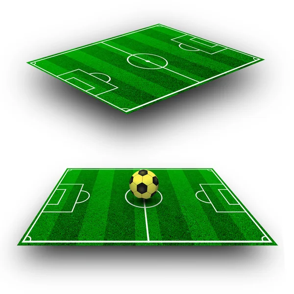 Зеленое футбольное поле с линиями, перспективной геометрией — стоковое фото