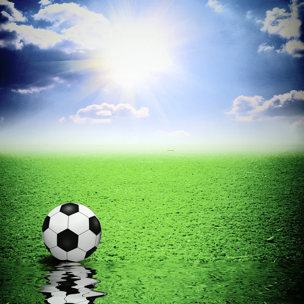 Yeşil çim suya yansıtan klasik futbol topu — Stok fotoğraf