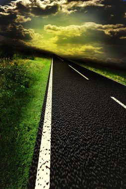 Asphalt road and red bloody blurred sky with sun clipart