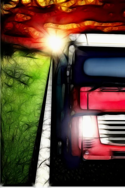 Ilustración pintada de camión en camino de asfalto bajo tormenta cielo ingenio — Foto de Stock