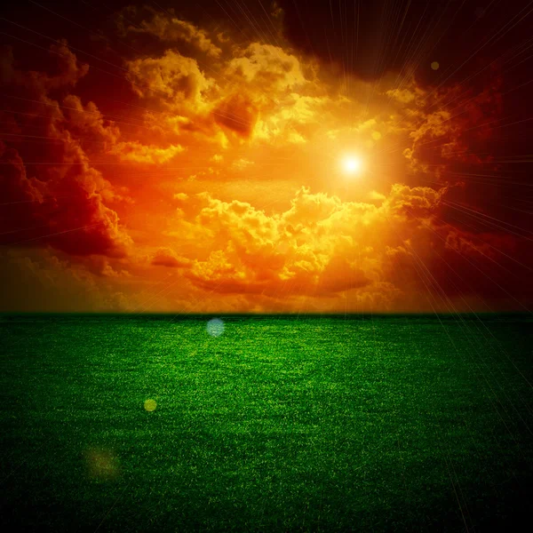 Una fina pradera verde Todo en el cielo de tormenta puesta de sol — Foto de Stock