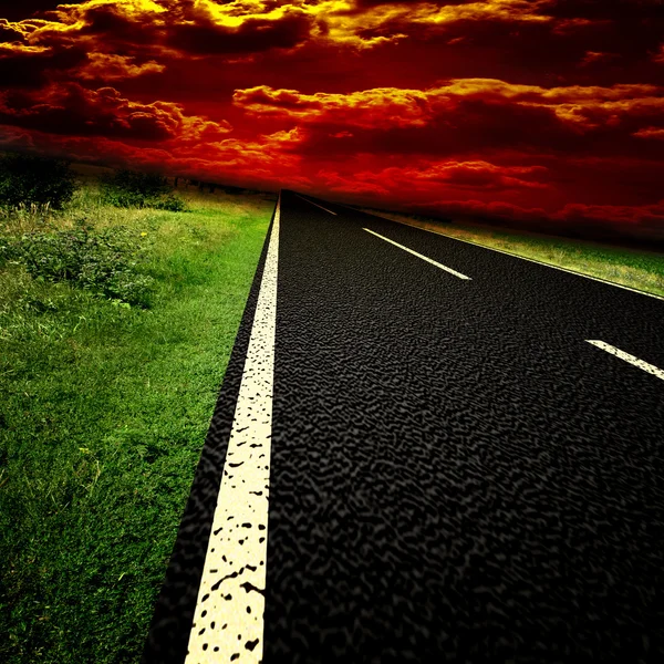 Bulanık asfalt yol ve ele bulutlar — Stok fotoğraf