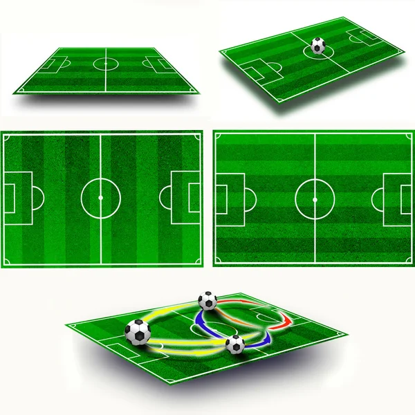 Collage. Mesa táctica de campo de fútbol, mapa sobre geometría de perspectiva —  Fotos de Stock