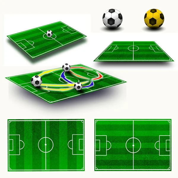 Collage. Mesa táctica de campo de fútbol, mapa sobre geometría de perspectiva , —  Fotos de Stock