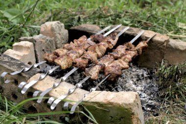 Şaşlık kebabı açık havada ateşe hazırlar