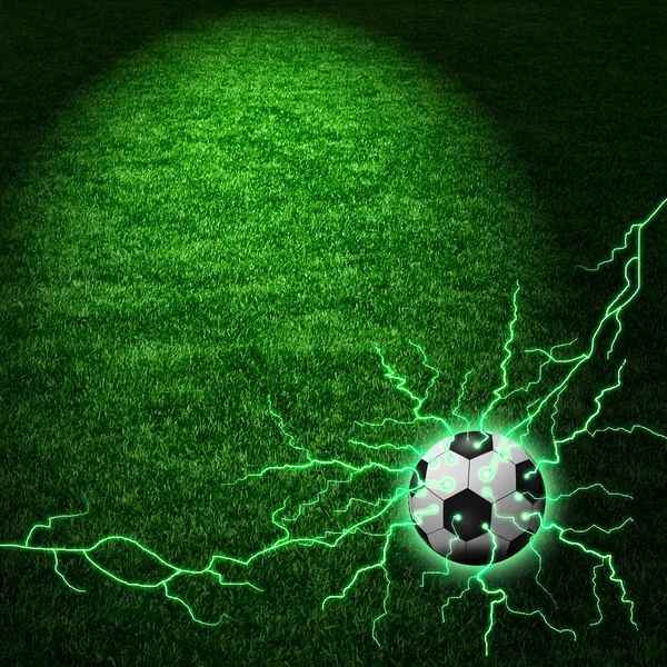 Football ball with electro lightning over rays — Stock Photo, Image
