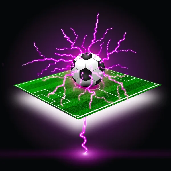 Soccer ball on the green field and lightning — Stock Photo, Image