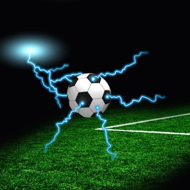 Soccer ball on the green field with lightnings clipart
