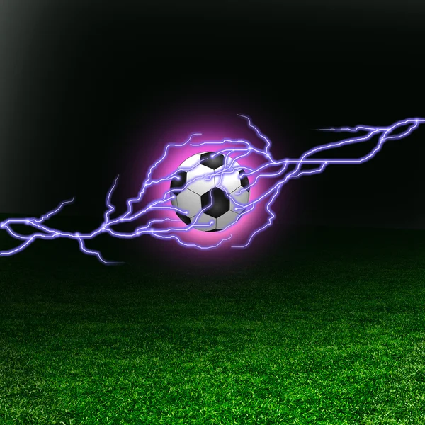 Soccer ball on the green field with lightnings — Stock Photo, Image