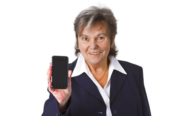 Успішна жінка старша з мобільним телефоном — стокове фото