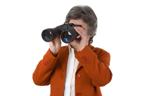 Donna anziana donna d'affari con binocolo — Foto Stock
