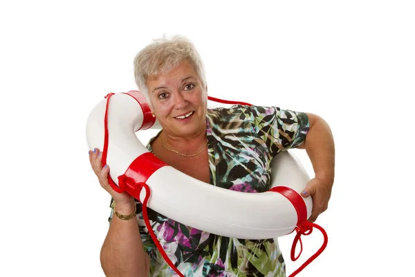 Femme aînée avec ceinture de sauvetage — Photo