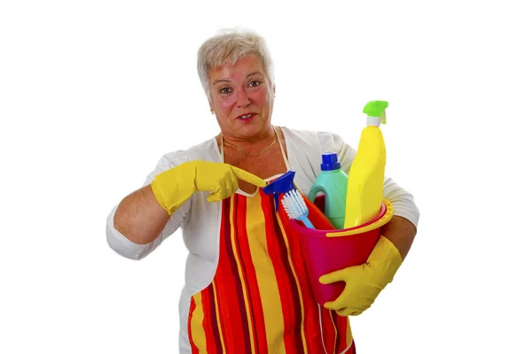 Female senior with cleaning utensils — Stock Photo, Image