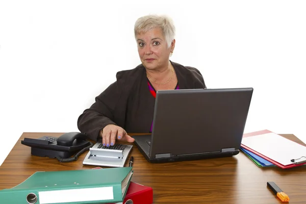 Cálculo del senior femenino con laptop — Foto de Stock