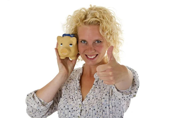 Beautiful young woman with piggy bank — Stock Photo, Image