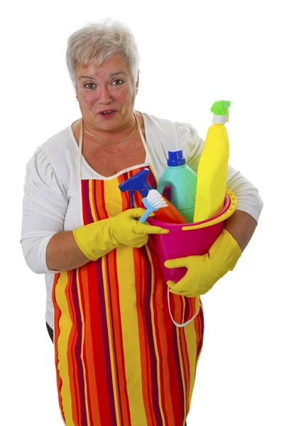 Sénior feminino com utensílios de limpeza — Fotografia de Stock