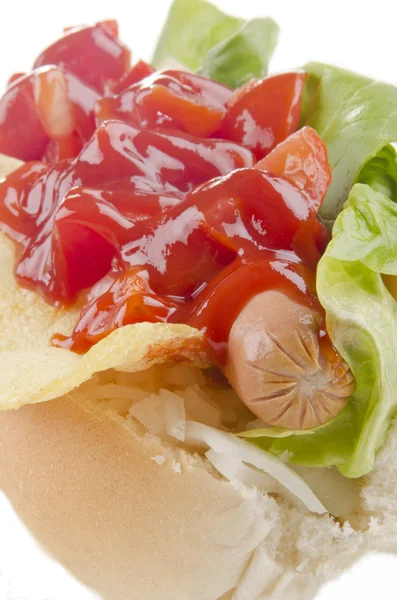 Hotdog with salad and ketchup — Stock Photo, Image
