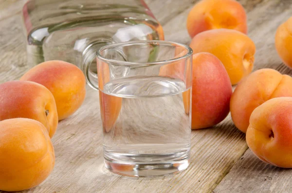 Фруктовый бренди в стакане и свежие абрикосы — стоковое фото