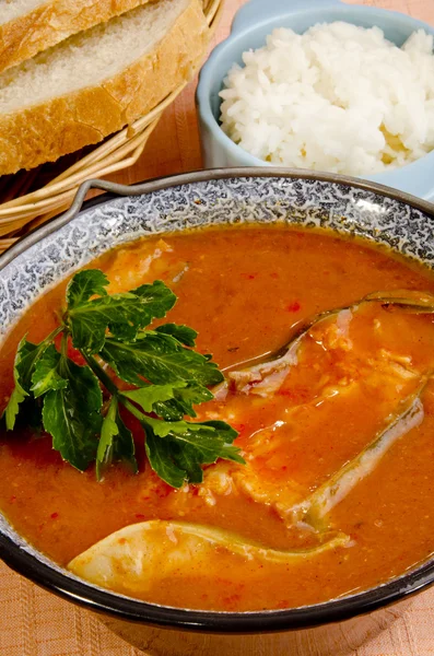 stock image Hungarian fish soup with bread and rice