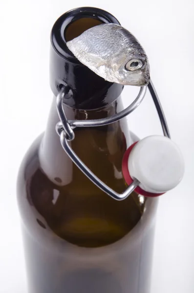 Καπνιστές σαρδέλλες του κουτιού κρέμεται από ένα μπουκάλι μπύρα — Φωτογραφία Αρχείου