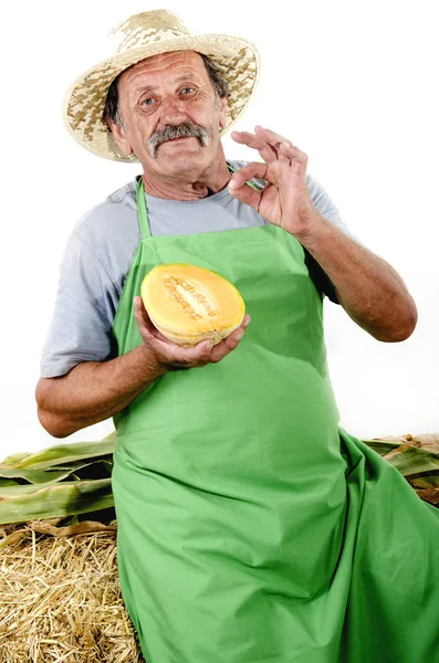 Agricultor orgânico com meio melão de mel — Fotografia de Stock