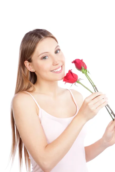 Γυναίκα που κρατά δύο τριαντάφυλλο — Φωτογραφία Αρχείου