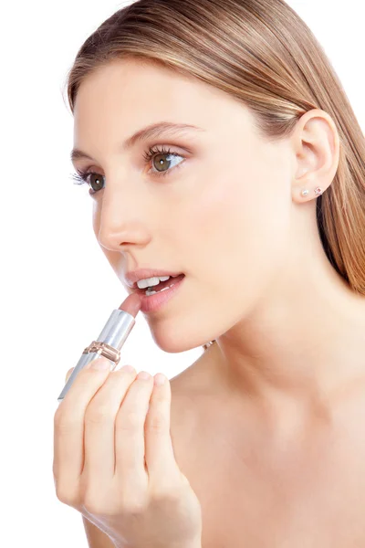 Kvinna om läppstift på läpparna — Stockfoto