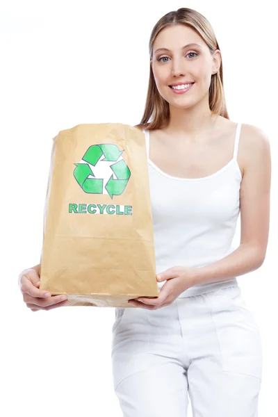 Reciclar saco de papel mulher — Fotografia de Stock