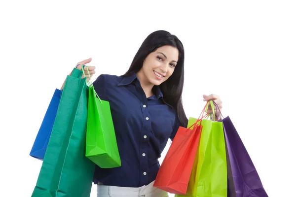 Mujer feliz sosteniendo bolsas de compras —  Fotos de Stock