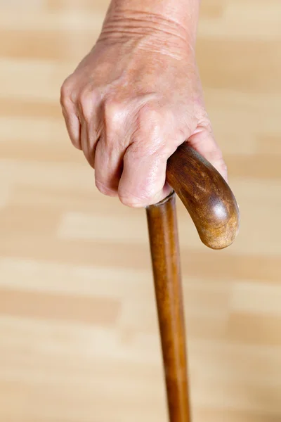 Mão segurando madeira Walking Stick — Fotografia de Stock