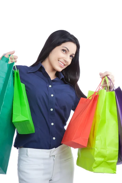 Boldog nő kezében bevásárló táskák — Stock Fotó