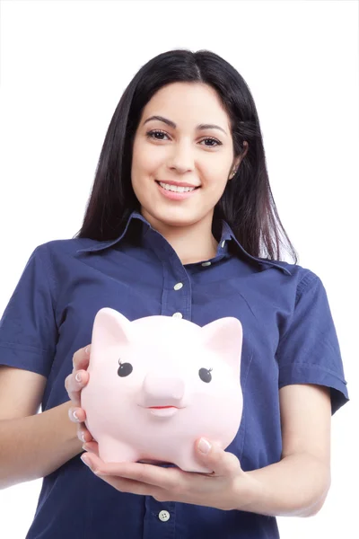 Lächelnde Frau mit Sparschwein — Stockfoto