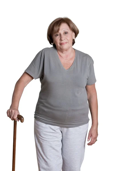 Mature Woman with Walking Stick — Stock Photo, Image