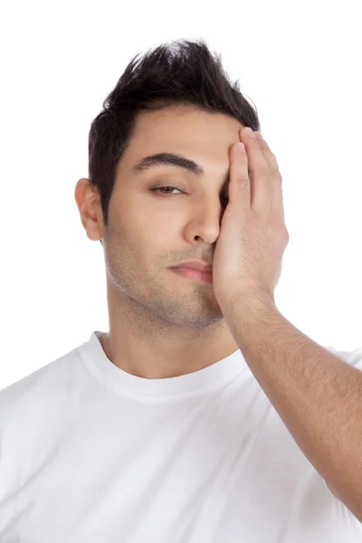 Uomo stressante che copre il viso — Foto Stock