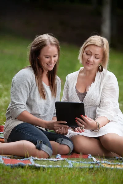 Amigos usando tablet digital no parque — Fotografia de Stock