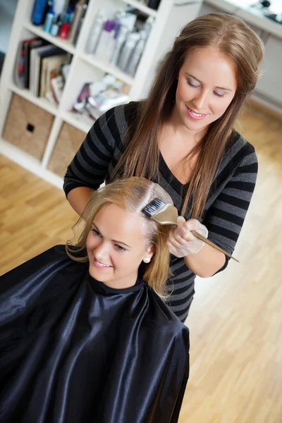 Esteticista aplicando cor de cabelo à mulher — Fotografia de Stock