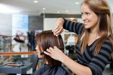 Hairdresser Giving a Haircut To Woman clipart