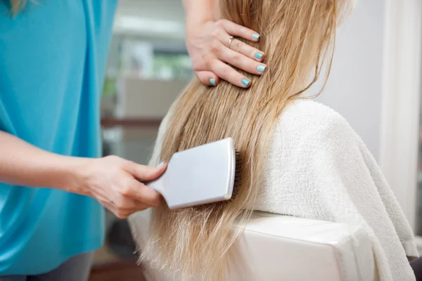 Esteticista pentear o cabelo do cliente — Fotografia de Stock