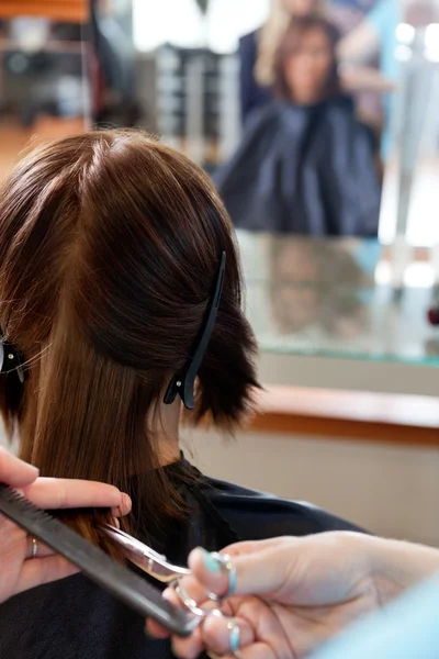 Mulher recebendo um corte de cabelo — Fotografia de Stock