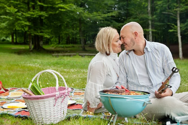 Älskande par på en utomhus picknick — Stockfoto