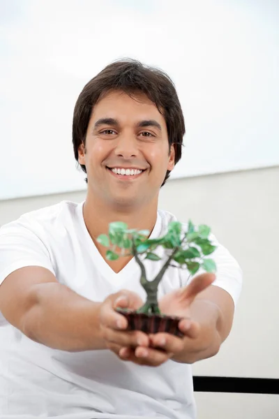 Άνθρωπος που κρατά ένα τεχνητό φυτό — Φωτογραφία Αρχείου