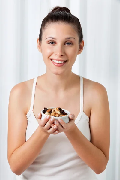 Woman Holding Bowl Of Dry Fruits — Stock Photo, Image