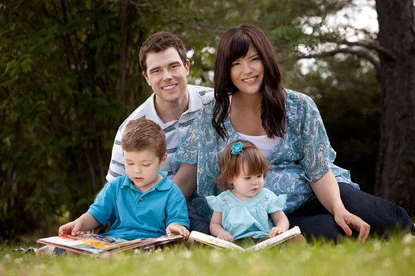 阅读在公园中的家庭 — 图库照片