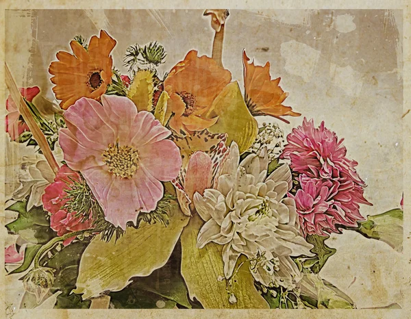 Vieille carte postale avec fleurs, design en grunge — Photo