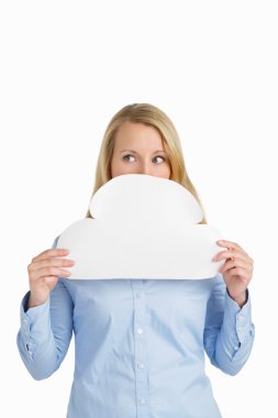 Female hiding behind a paper cloud afraid clipart