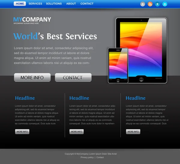 Modelo de design de site com ícones de computador tablet —  Vetores de Stock