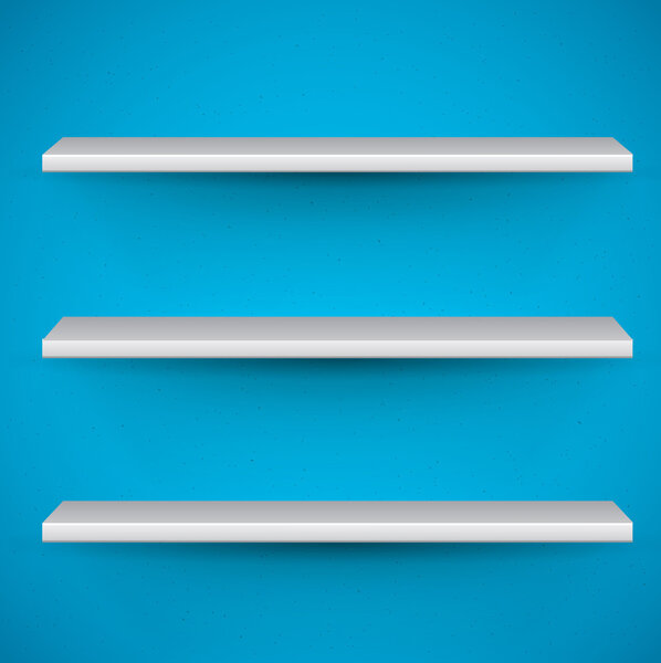 Пустые книжные полки на синем фоне

