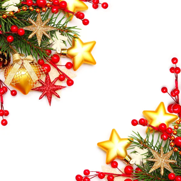 Border - Christmas background with red berry and gold stars — Stock Photo, Image