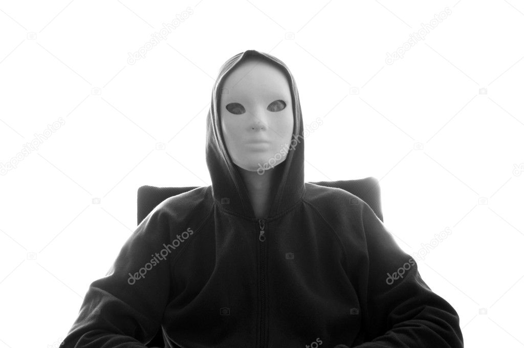 Hooded figure with white mask