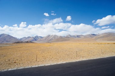 Çin'in Tibet sarımsı manzaralı yol